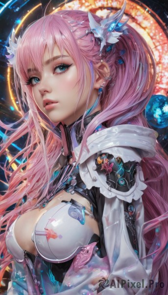 1girl,solo,long hair,breasts,looking at viewer,bangs,blue eyes,large breasts,hair ornament,cleavage,twintails,jewelry,medium breasts,upper body,pink hair,earrings,parted lips,shiny,hood,lips,clothing cutout,eyelashes,bodysuit,makeup,piercing,cleavage cutout,ear piercing,science fiction,nose,planet,ponytail,artist name,armor,from side,realistic,eyeliner