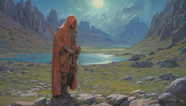 solo,gloves,1boy,holding,standing,weapon,male focus,boots,outdoors,sky,cloud,hood,water,night,moon,cloudy sky,grass,staff,scenery,cloak,1other,full moon,hood up,robe,rock,mountain,hooded cloak,river,ambiguous gender,fantasy,holding staff