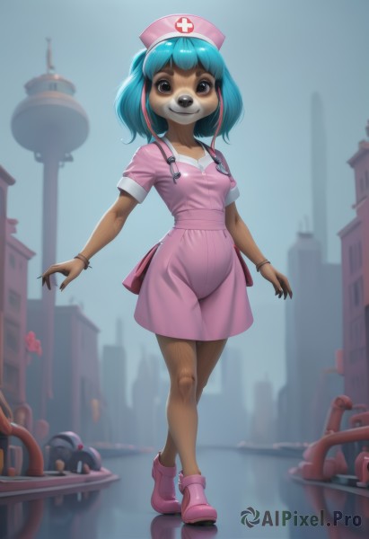 1girl,solo,breasts,looking at viewer,smile,short hair,hat,dress,animal ears,brown eyes,jewelry,blue hair,standing,collarbone,full body,short sleeves,small breasts,boots,outdoors,sky,dark skin,bag,black eyes,bracelet,dark-skinned female,aqua hair,blurry background,building,pink dress,furry,reflection,walking,city,nurse cap,furry female,pink footwear,nurse,lamppost,animal nose,snout,red cross,bangs,simple background,tail,multicolored hair,shoes,teeth,solo focus,shiny,artist name,blurry,shiny hair,two-tone hair,watermark,short dress,happy,dog ears,web address,backlighting,dog girl,body fur,brown fur