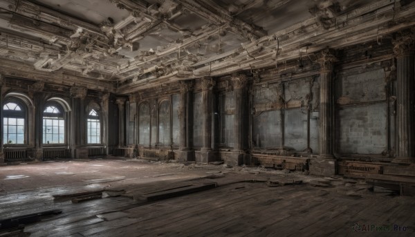 indoors,no humans,window,sunlight,scenery,light rays,wooden floor,stairs,door,light,architecture,ruins,pillar,ceiling,hallway,arch,chandelier,day,chain,chair,table,ground vehicle,barrel,crate