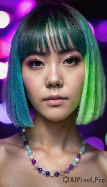 1girl,solo,looking at viewer,short hair,bangs,black hair,bare shoulders,brown eyes,jewelry,closed mouth,collarbone,multicolored hair,green hair,blunt bangs,necklace,black eyes,two-tone hair,lips,aqua hair,makeup,bob cut,portrait,realistic,nose,pearl necklace,upper body,nude,blurry,eyelashes,blurry background,eyeshadow,bead necklace