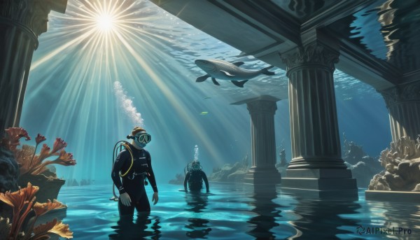 solo,1boy,standing,flower,male focus,multiple boys,sky,cloud,water,ocean,animal,sunlight,helmet,scenery,wading,fish,bubble,light rays,underwater,sun,air bubble,sunbeam,ruins,pillar,statue,diving mask,whale,turtle,coral,column,wetsuit,bodysuit,reflection,caustics