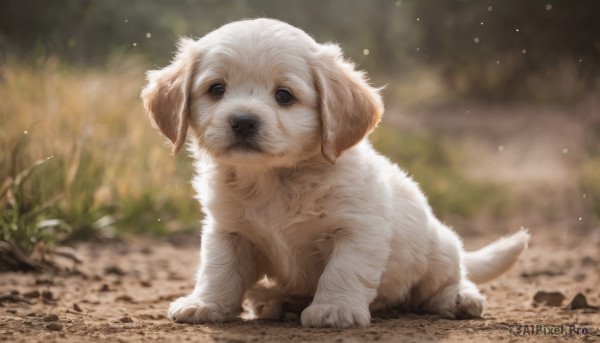 solo,sitting,closed mouth,full body,outdoors,day,signature,blurry,black eyes,no humans,depth of field,blurry background,animal,grass,dog,realistic,animal focus,looking at viewer,rock,fluffy,puppy