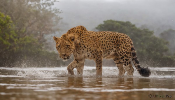 solo,tail,outdoors,day,water,blurry,from side,tree,no humans,depth of field,blurry background,animal,nature,reflection,realistic,animal focus,ripples,tiger,sky,ocean,forest,grey sky