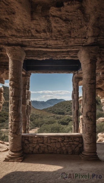 outdoors,sky,day,cloud,tree,blue sky,no humans,shadow,nature,scenery,forest,mountain,road,ruins,pillar,landscape,arch,column,cloudy sky,rock,stairs,torii,architecture,stone