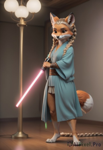 1girl,solo,long hair,looking at viewer,blue eyes,holding,animal ears,brown eyes,standing,tail,full body,weapon,braid,japanese clothes,barefoot,sword,artist name,indoors,kimono,holding weapon,blurry,twin braids,flat chest,animal ear fluff,sash,fox ears,blurry background,fox tail,mouth hold,parody,holding sword,fox girl,rope,furry,forehead,animal hands,robe,wooden floor,furry female,lamp,short kimono,body fur,animal nose,snout,energy sword,light bulb,animal feet,lightsaber,long tail,bathrobe,blonde hair,long sleeves,wide sleeves,thick eyebrows,katana,hair over shoulder,blue kimono,haori,brown fur,furrification,open robe