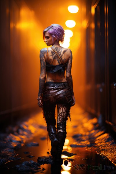 1girl,solo,short hair,bare shoulders,jewelry,standing,full body,purple hair,ass,boots,midriff,looking back,pants,from behind,lips,torn clothes,tattoo,makeup,back,denim,walking,jeans,realistic,torn pants,back tattoo,leather pants,underwear,earrings,bra,bracelet,chain,black pants,lipstick,eyeshadow,backlighting,nose,arm tattoo,very short hair,leather,dirty,tight pants,neck tattoo,leather boots