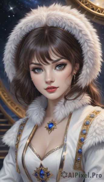 1girl,solo,long hair,breasts,looking at viewer,bangs,blue eyes,brown hair,dress,cleavage,jewelry,medium breasts,upper body,earrings,parted lips,sky,artist name,hood,necklace,star (symbol),white dress,lips,coat,grey eyes,fur trim,eyelashes,makeup,watermark,lipstick,gem,star (sky),eyeshadow,hood up,starry sky,freckles,fur collar,nose,red lips,closed mouth,night,night sky,realistic