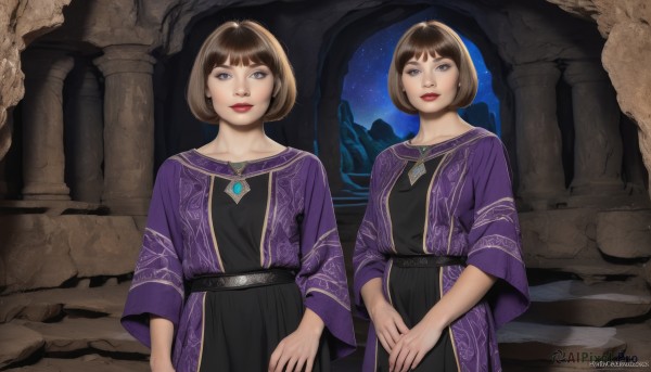 looking at viewer,smile,short hair,bangs,multiple girls,brown hair,long sleeves,dress,2girls,brown eyes,jewelry,closed mouth,sky,signature,wide sleeves,black dress,lips,makeup,night,siblings,bob cut,lipstick,sisters,gem,star (sky),dual persona,twins,robe,stairs,red lips,pillar,1girl,solo,standing,necklace,multiple views,own hands together,night sky,column