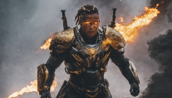 solo,looking at viewer,short hair,brown hair,black hair,gloves,1boy,upper body,weapon,male focus,black gloves,sword,dark skin,armor,orange eyes,gun,glowing,facial hair,dark-skinned male,fire,shoulder armor,glowing eyes,smoke,pauldrons,breastplate,weapon on back,dreadlocks,jewelry,closed mouth,yellow eyes,outdoors,shiny,chain,gauntlets,clenched hand,clenched hands,very dark skin,power armor,burning