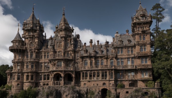 outdoors,sky,day,cloud,tree,blue sky,no humans,window,cloudy sky,building,scenery,fantasy,architecture,castle,tower,arch,stairs,city,cityscape,house,bridge