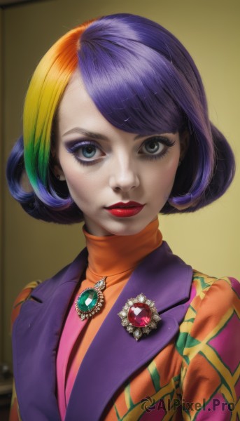 1girl,solo,looking at viewer,short hair,bangs,blue eyes,shirt,jewelry,closed mouth,upper body,purple hair,multicolored hair,earrings,necklace,vest,two-tone hair,lips,streaked hair,eyelashes,makeup,swept bangs,turtleneck,lipstick,brooch,gem,multicolored clothes,eyeshadow,personification,freckles,realistic,nose,red lips,eyeliner,badge,mascara,blonde hair,blue hair,jacket,green hair,artist name,parted bangs,formal,bob cut,portrait,purple jacket,green gemstone,rainbow hair