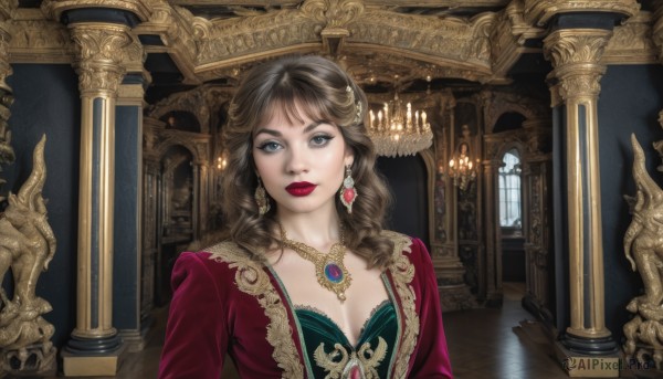 1girl,solo,long hair,breasts,looking at viewer,bangs,blue eyes,brown hair,hair ornament,dress,cleavage,jewelry,medium breasts,closed mouth,upper body,earrings,indoors,necklace,lips,grey eyes,window,makeup,wavy hair,lipstick,gem,pendant,curly hair,realistic,fantasy,red lips,candle,pillar,statue,arch,green gemstone,red dress,portrait,lace trim,lace,green dress,red gemstone