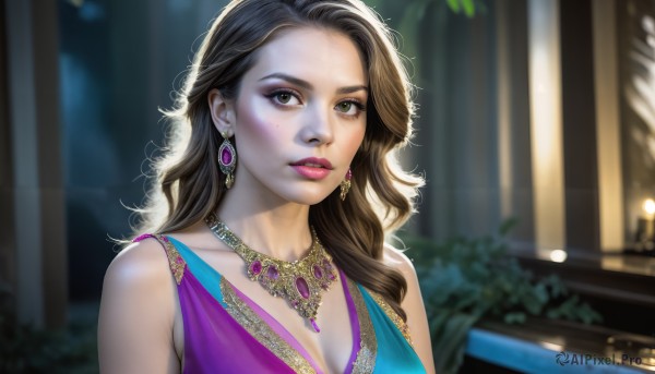 HQ,1girl,solo,long hair,breasts,looking at viewer,brown hair,dress,cleavage,bare shoulders,brown eyes,jewelry,medium breasts,collarbone,upper body,earrings,sleeveless,necklace,mole,blurry,lips,mole under eye,makeup,blurry background,wavy hair,purple dress,freckles,realistic,nose,parted lips,eyelashes,portrait