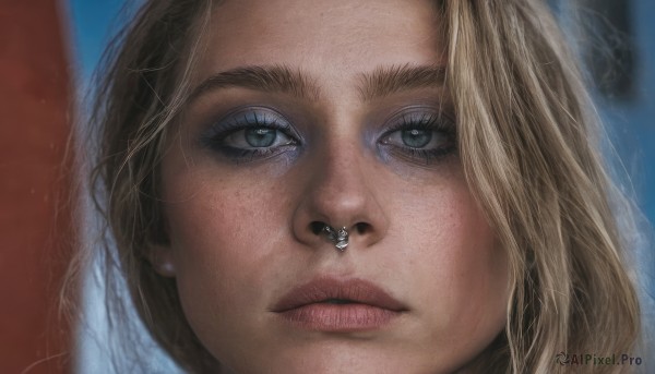 1girl,solo,looking at viewer,blue eyes,blonde hair,parted lips,teeth,blurry,lips,eyelashes,blurry background,piercing,portrait,close-up,freckles,realistic,nose,nose piercing,blue background