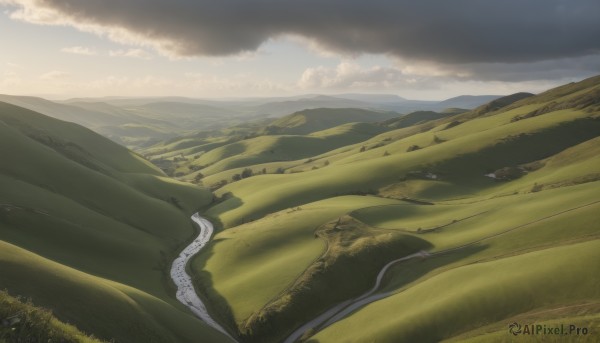 outdoors,sky,day,cloud,no humans,cloudy sky,grass,nature,scenery,forest,mountain,road,field,landscape,mountainous horizon,hill,tree,horizon