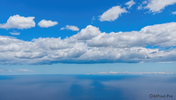 outdoors,sky,day,cloud,water,blue sky,no humans,ocean,beach,cloudy sky,scenery,reflection,blue theme,horizon,monochrome