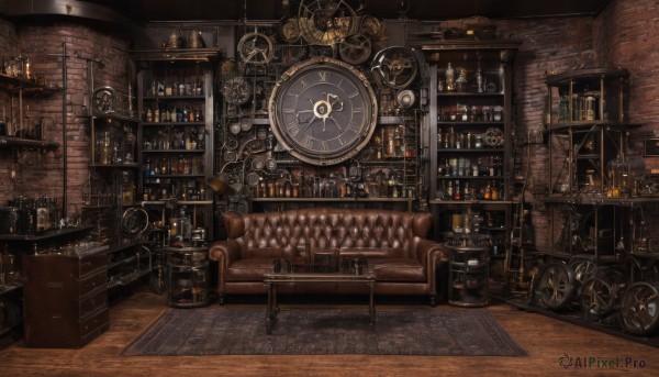 indoors,cup,book,no humans,chair,table,bottle,scenery,couch,alcohol,drinking glass,wooden floor,clock,bookshelf,lamp,candle,wine glass,brick wall,wine,shelf,gears,wine bottle,bar (place),barrel,candlestand,steampunk,fireplace,crate,analog clock,loaded interior,weapon,sword,stairs,fantasy,stool,jar,carpet,counter,rug,cabinet,treasure chest,weighing scale