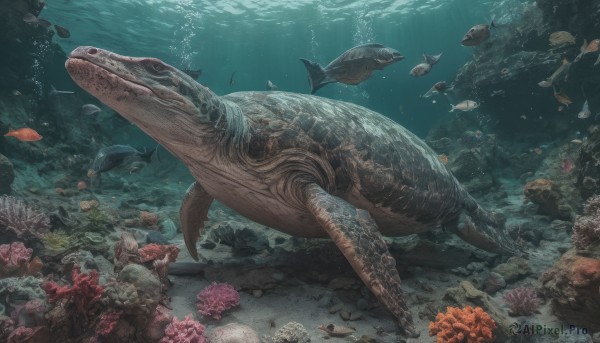 water,no humans,ocean,animal,sunlight,scenery,fish,bubble,light rays,rock,underwater,air bubble,swimming,whale,turtle,caustics,coral,jellyfish,oversized animal