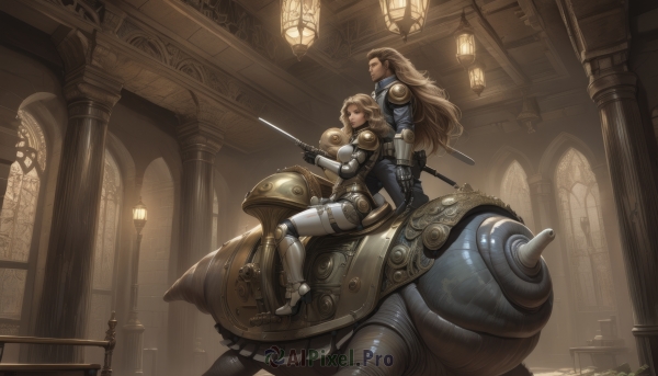 long hair,breasts,multiple girls,blonde hair,brown hair,gloves,holding,2girls,brown eyes,medium breasts,sitting,ponytail,weapon,boots,sword,indoors,holding weapon,armor,profile,holding sword,robot,shoulder armor,gauntlets,sheath,science fiction,curly hair,pauldrons,breastplate,fantasy,armored boots,riding,greaves,pillar,knight,statue,rapier,arch,column,plate armor,reins,saddle,1girl,smile,blue eyes,1boy,lantern,light,lamp,architecture