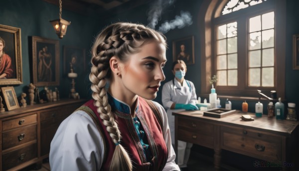 1girl,long hair,blonde hair,brown hair,shirt,long sleeves,1boy,brown eyes,jewelry,white shirt,upper body,braid,earrings,multiple boys,indoors,2boys,vest,lips,window,single braid,mask,table,bottle,hair over shoulder,smoke,mirror,realistic,nose,lamp,photo (object),picture frame,painting (object),multiple braids,solo,multiple girls,gloves,2girls,tree,parody,piercing,mouth mask,blue gloves,stud earrings,portrait (object)