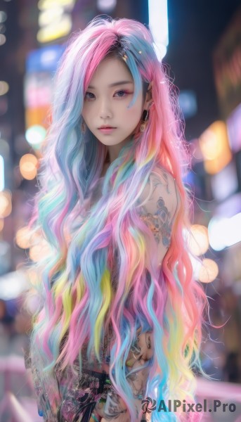 1girl,solo,long hair,looking at viewer,brown eyes,jewelry,very long hair,closed mouth,blue hair,standing,upper body,pink hair,multicolored hair,earrings,belt,nail polish,blurry,two-tone hair,lips,tattoo,makeup,depth of field,blurry background,wavy hair,topless,piercing,ring,lipstick,eyeshadow,realistic,nose,arm tattoo,bokeh,mascara,artist name,grey eyes,watermark,web address,colorful