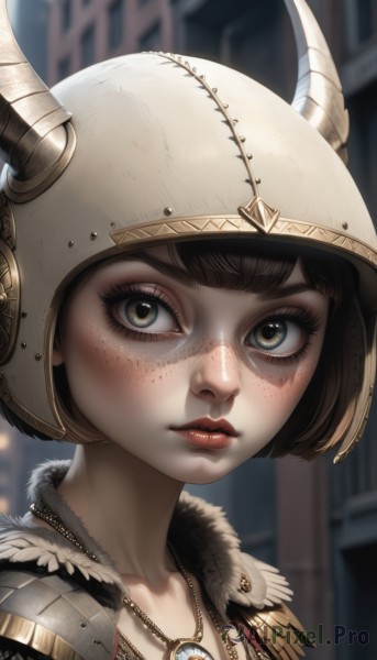 1girl,solo,looking at viewer,short hair,bangs,brown hair,brown eyes,jewelry,closed mouth,green eyes,collarbone,horns,artist name,necklace,armor,blurry,lips,fur trim,eyelashes,blurry background,bob cut,helmet,portrait,close-up,pendant,freckles,nose,red lips,fake horns,horned headwear,horned helmet,blush,signature,epaulettes