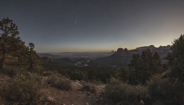 outdoors,sky,tree,no humans,night,moon,grass,plant,star (sky),nature,night sky,scenery,forest,starry sky,rock,mountain,crescent moon,landscape,mountainous horizon,hill,cloud,water,sunset,horizon