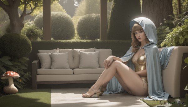 1girl,solo,long hair,breasts,looking at viewer,bangs,blonde hair,brown hair,cleavage,brown eyes,medium breasts,sitting,closed mouth,underwear,panties,indoors,hood,cape,high heels,tree,lips,pillow,sandals,sunlight,plant,nature,couch,cloak,hood up,forest,mushroom,hooded cloak,blue eyes,feet,legs,toes,leaf,bush,toeless footwear,moss