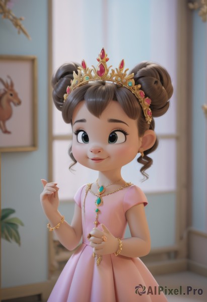 1girl,solo,smile,short hair,brown hair,dress,jewelry,closed mouth,short sleeves,earrings,indoors,necklace,hair bun,blurry,black eyes,bracelet,lips,double bun,blurry background,animal,ring,tiara,crown,gem,child,pink dress,female child,deer,holding jewelry,black hair,artist name,flat chest,window,depth of field,princess