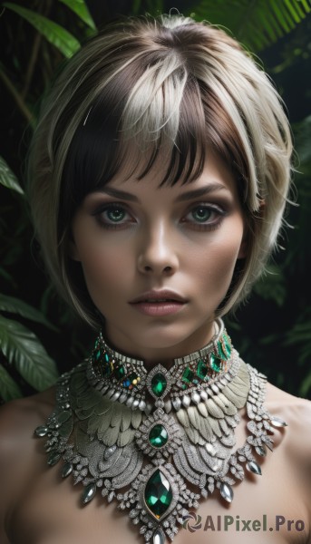 1girl,solo,breasts,looking at viewer,short hair,bangs,brown hair,black hair,bare shoulders,jewelry,green eyes,upper body,multicolored hair,parted lips,necklace,lips,eyelashes,gem,portrait,close-up,realistic,nose,cleavage,leaf