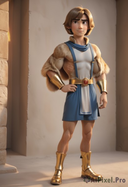 solo,looking at viewer,smile,short hair,brown hair,1boy,brown eyes,closed mouth,standing,full body,male focus,boots,belt,artist name,lips,hand on hip,fur trim,muscular,abs,bracer,pillar,tunic,thick eyebrows,pectorals,muscular male,realistic,vambraces,yellow footwear