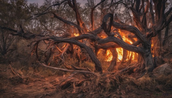 outdoors,sky,tree,no humans,grass,fire,nature,scenery,forest,fantasy,bare tree,plant,sunset,branch,landscape,orange theme