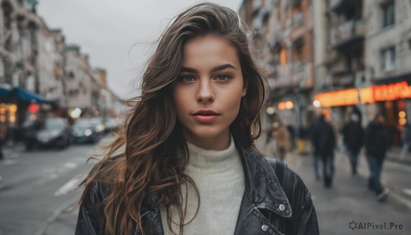 1girl,solo,long hair,looking at viewer,brown hair,brown eyes,jewelry,jacket,upper body,earrings,outdoors,parted lips,open clothes,solo focus,blurry,sweater,open jacket,lips,black jacket,depth of field,blurry background,ground vehicle,motor vehicle,freckles,realistic,red lips,car,road,white sweater,leather,leather jacket,photo background,denim jacket,day,makeup,turtleneck,thick eyebrows,denim,wind,city,street