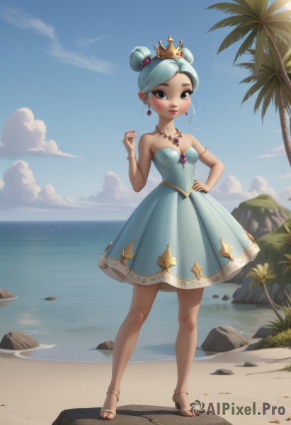 1girl,solo,breasts,looking at viewer,blush,smile,short hair,bangs,hair ornament,dress,bare shoulders,jewelry,closed mouth,blue hair,standing,collarbone,full body,earrings,small breasts,outdoors,sky,day,artist name,cloud,hand up,water,necklace,hair bun,black eyes,high heels,bracelet,tree,blue sky,lips,hand on hip,bare arms,bare legs,strapless,double bun,aqua hair,makeup,toes,blue dress,shadow,ocean,beach,brown footwear,short dress,sandals,thick eyebrows,tiara,crown,lipstick,gem,strapless dress,armlet,beads,rock,pink lips,sand,palm tree,red lips,blue gemstone,aqua dress,blue eyes,green hair,anklet,mini crown