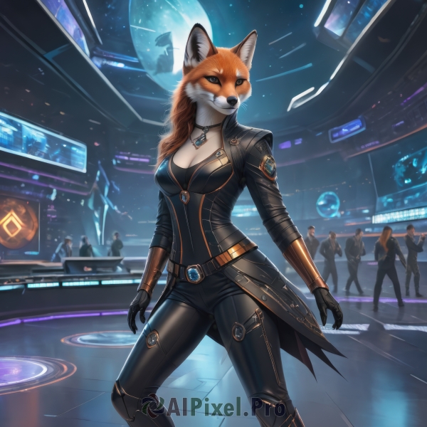 1girl,long hair,breasts,looking at viewer,gloves,animal ears,cleavage,jewelry,medium breasts,standing,jacket,open clothes,solo focus,choker,belt,pants,indoors,necklace,open jacket,black jacket,bodysuit,night,animal,black pants,moon,furry,pendant,colored sclera,science fiction,furry female,black bodysuit,planet,solo,blue eyes,boots,sky,orange hair,fox ears,star (sky),night sky,realistic