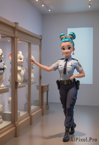 1girl,solo,looking at viewer,smile,short hair,open mouth,shirt,brown eyes,jewelry,blue hair,standing,full body,white shirt,weapon,short sleeves,earrings,boots,necktie,teeth,collared shirt,belt,pants,indoors,dark skin,hair bun,black footwear,uniform,black eyes,high heels,dark-skinned female,lips,hand on hip,gun,double bun,aqua hair,makeup,shadow,black pants,crossed legs,lipstick,pointing,black necktie,handgun,reflection,walking,pocket,black belt,pouch,belt buckle,mirror,blue pants,holster,multiple others,police,mouse,police uniform,policewoman,reflective floor,blush