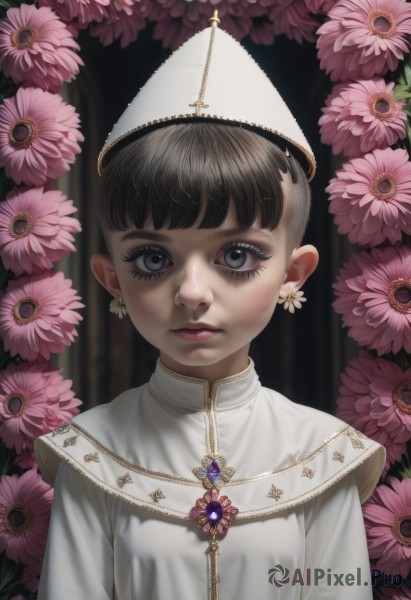 1girl,solo,looking at viewer,short hair,bangs,black hair,hat,dress,jewelry,closed mouth,upper body,flower,earrings,white dress,black eyes,lips,grey eyes,eyelashes,makeup,white headwear,gem,pink flower,freckles,realistic,floral background,straight-on,blue eyes,brown hair,blunt bangs,expressionless,portrait,asymmetrical hair,purple flower