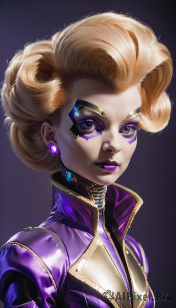 1girl,solo,breasts,looking at viewer,short hair,blonde hair,jewelry,purple eyes,upper body,earrings,lips,bodysuit,makeup,facial mark,lipstick,portrait,eyeshadow,curly hair,high collar,realistic,nose,eyeliner,facepaint,purple jacket,purple lips,purple bodysuit,mascara,simple background,medium breasts,jacket,shiny,artist name,signature,eyelashes,glowing,purple background,stud earrings,cyberpunk