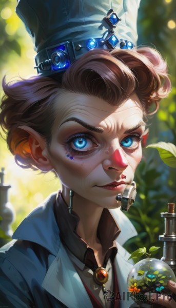 1girl,looking at viewer,short hair,blue eyes,brown hair,shirt,1boy,holding,jewelry,jacket,upper body,solo focus,pointy ears,collared shirt,artist name,blurry,lips,eyelashes,makeup,blurry background,leaf,plant,lipstick,brooch,gem,portrait,androgynous,red lips,cyborg,explosive,grenade,vial,potion,solo,hat,outdoors,necktie,glowing,facial mark,feathers,crown,elf,backlighting,freckles,nose,facepaint,monocle,mascara,flask