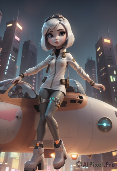 1girl,solo,breasts,looking at viewer,smile,short hair,bangs,shirt,long sleeves,hat,jewelry,jacket,full body,white shirt,white hair,pantyhose,small breasts,boots,outdoors,parted lips,sky,solo focus,pants,artist name,black eyes,high heels,bracelet,lips,grey eyes,black pantyhose,makeup,thigh strap,night,swept bangs,black pants,sunglasses,bob cut,white jacket,goggles,ground vehicle,building,night sky,eyewear on head,motor vehicle,high heel boots,science fiction,goggles on head,city,aircraft,nose,ankle boots,car,airplane,holster,thigh holster,skyscraper,drone,helicopter,blue eyes,1boy,shoes,pouch