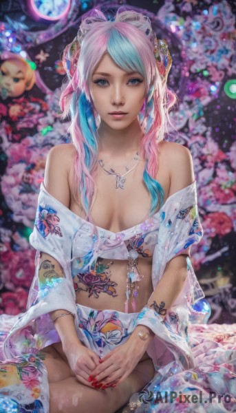 1girl,solo,long hair,breasts,looking at viewer,bangs,blue eyes,hair ornament,thighhighs,navel,cleavage,bare shoulders,jewelry,medium breasts,sitting,blue hair,pink hair,flower,multicolored hair,parted lips,necklace,off shoulder,nail polish,blurry,bracelet,two-tone hair,lips,tattoo,depth of field,blurry background,realistic,nose,twintails,midriff,artist name,fingernails,makeup,watermark,piercing,breasts apart,red nails,navel piercing