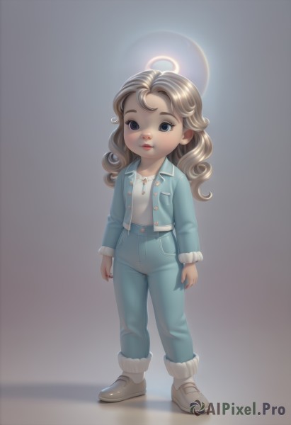 1girl,solo,long hair,looking at viewer,smile,blue eyes,blonde hair,simple background,brown hair,shirt,long sleeves,closed mouth,standing,jacket,full body,white shirt,open clothes,shoes,pants,grey background,necklace,lips,shadow,halo,denim,blue jacket,child,curly hair,jeans,blue pants,female child,denim jacket,boots,chibi,fur trim