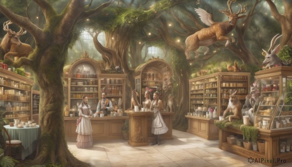 long hair,short hair,multiple girls,brown hair,black hair,hair ornament,hat,dress,holding,sitting,standing,flower,food,wings,horns,indoors,apron,tree,cup,book,window,fruit,bird,6+girls,animal,chair,table,sunlight,cat,bottle,plant,instrument,nature,scenery,forest,rabbit,stairs,open book,fantasy,apple,bookshelf,basket,tiles,fairy,antlers,teapot,sunbeam,tile floor,mushroom,stool,shelf,jar,shop,ladder,owl,squirrel,cabinet,deer,loaded interior,2girls,multiple boys,3girls,white dress,looking at another,4girls,light particles,light rays,potted plant,candle,vase,statue