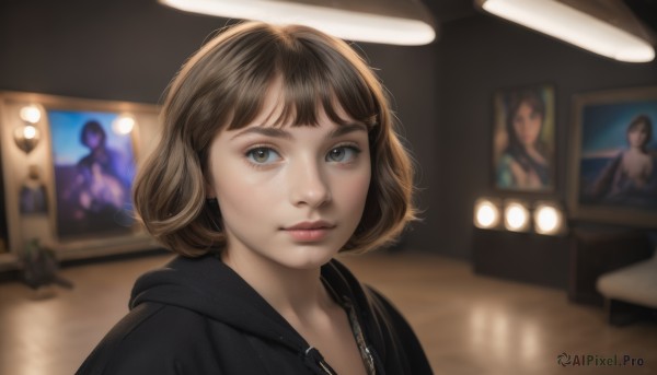 1girl,solo,looking at viewer,short hair,bangs,brown hair,brown eyes,jewelry,closed mouth,upper body,earrings,indoors,hood,blurry,lips,grey eyes,hoodie,depth of field,blurry background,hood down,zipper,freckles,realistic,nose,black hoodie,poster (object),eyelashes,bob cut,portrait,pink lips