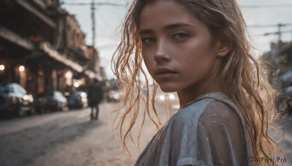 1girl,solo,long hair,looking at viewer,blonde hair,brown hair,shirt,brown eyes,jewelry,closed mouth,upper body,short sleeves,earrings,outdoors,solo focus,day,blurry,from side,lips,wet,looking to the side,grey eyes,depth of field,blurry background,wavy hair,expressionless,ground vehicle,wet clothes,motor vehicle,freckles,realistic,nose,car,road,sky,looking back,messy hair,portrait,power lines,street