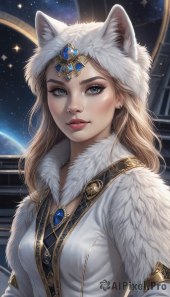 1girl,solo,long hair,breasts,looking at viewer,smile,blue eyes,blonde hair,hat,animal ears,jewelry,medium breasts,upper body,earrings,parted lips,artist name,cat ears,lips,coat,fur trim,eyelashes,makeup,lipstick,brooch,gem,star (sky),fur collar,nose,red lips,space,planet,fur hat,hood,star (symbol),thick eyebrows,animal hood,realistic,eyeliner