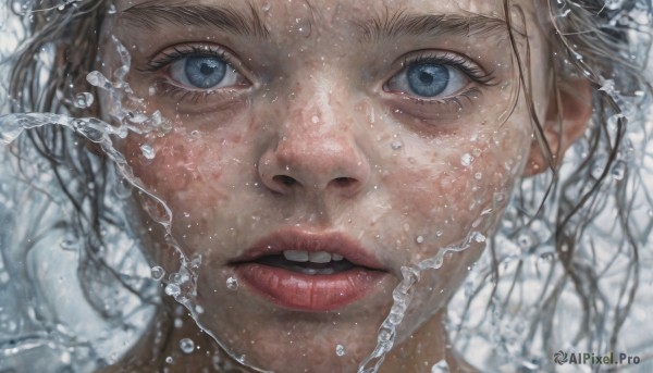 1girl,solo,looking at viewer,open mouth,blue eyes,blonde hair,brown hair,parted lips,teeth,tongue,water,blurry,tree,lips,eyelashes,portrait,close-up,freckles,water drop,realistic,nose,red lips,depth of field,blurry background,straight-on