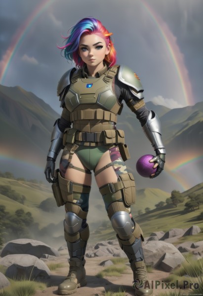 1girl,solo,looking at viewer,short hair,blue eyes,hair ornament,thighhighs,gloves,holding,blue hair,standing,full body,pink hair,purple hair,red hair,multicolored hair,boots,outdoors,sky,belt,artist name,cloud,medium hair,armor,two-tone hair,leotard,lips,streaked hair,makeup,thigh strap,watermark,brown footwear,cloudy sky,grass,shoulder armor,gauntlets,eyeshadow,pauldrons,pouch,breastplate,rock,mountain,holster,knee pads,shoulder pads,rainbow,explosive,thigh holster,plate armor,rainbow hair,body armor,parted lips,day,fingerless gloves,armored boots