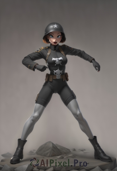 1girl,solo,breasts,looking at viewer,short hair,open mouth,blue eyes,brown hair,gloves,long sleeves,medium breasts,standing,jacket,full body,boots,black gloves,belt,black footwear,uniform,military,bodysuit,military uniform,helmet,clenched hand,legs apart,pouch,rock,fighting stance,holster,belt pouch,thigh pouch,simple background,white background,pants,black jacket,black headwear,black pants,grey jacket